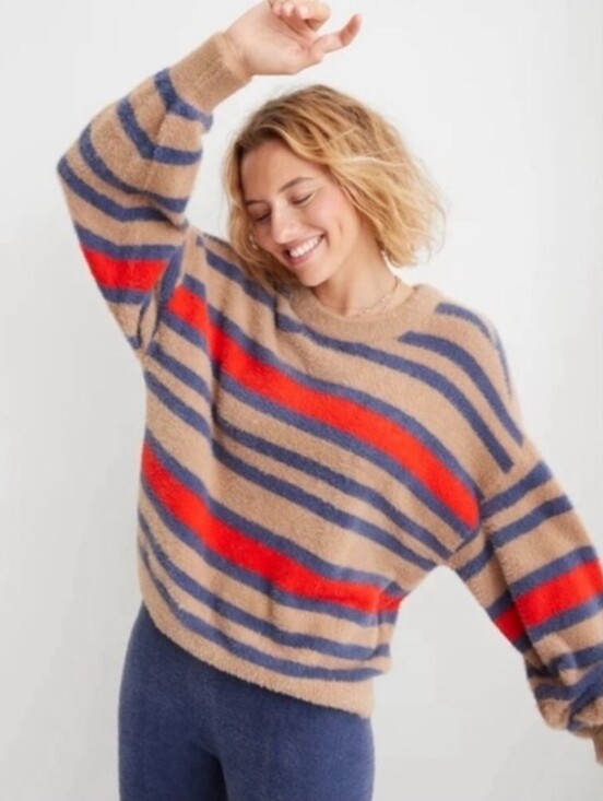 aerie Sweaters - Aerie Flurry Crew Cozy Striped Fuzzy Sweater Tan, Navy & Red Size XS Oversized